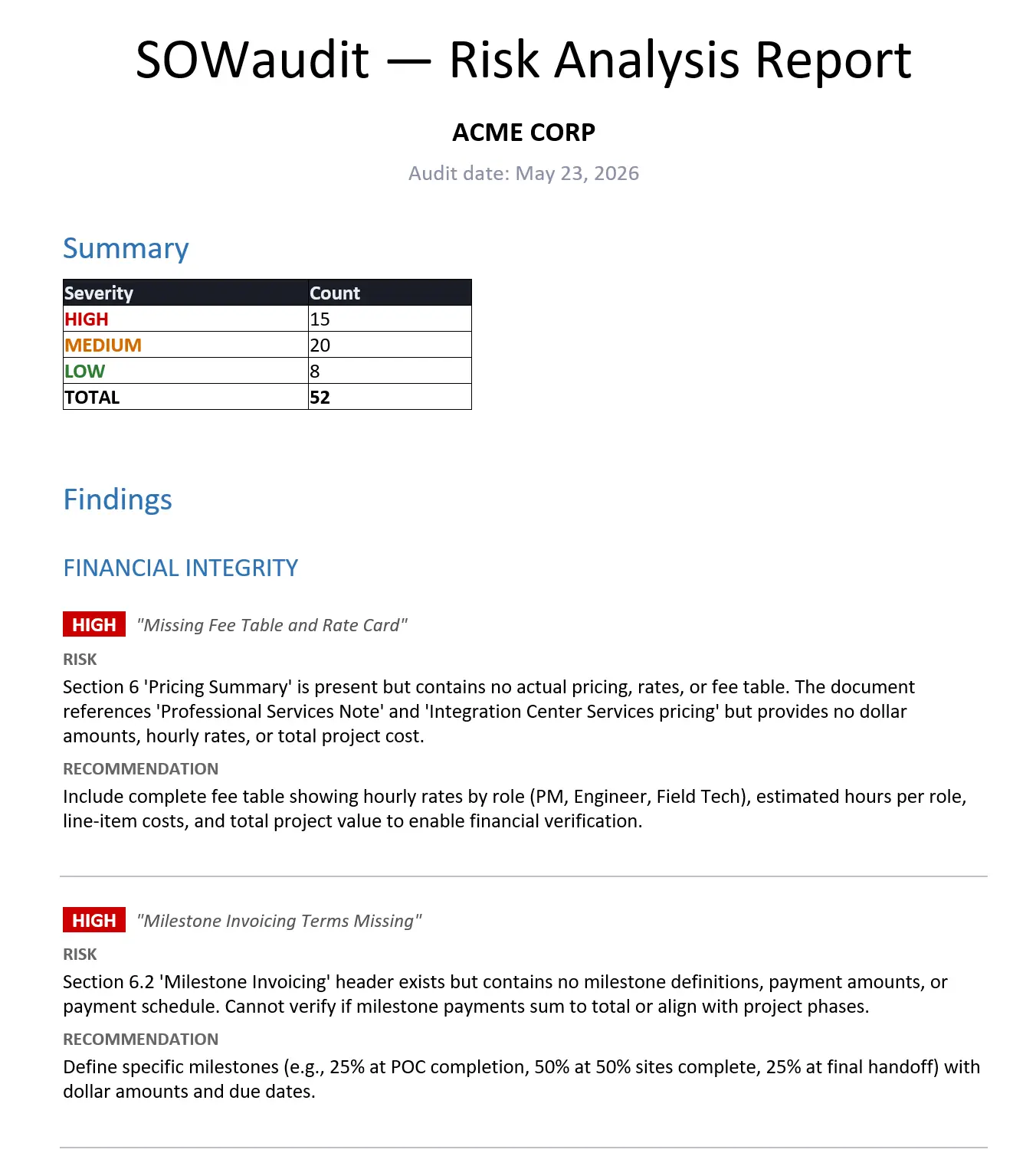 SOWaudit Audit Report exported as Word document &mdash; clean formatted report with findings and recommendations