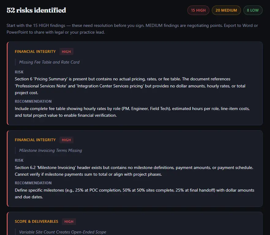 SOWaudit results &mdash; 52 risks identified across 9 categories with HIGH, MEDIUM, and LOW findings