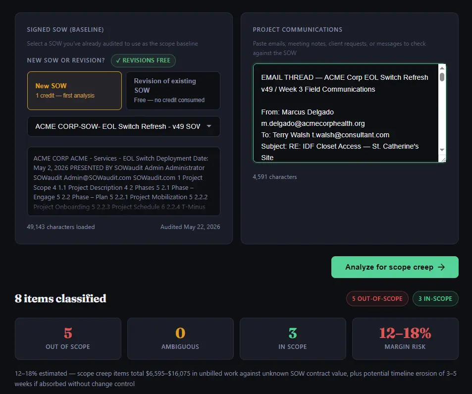 Margin Sentinel &mdash; SOW baseline and project communications loaded, 5 out-of-scope items flagged, 12-18% margin risk