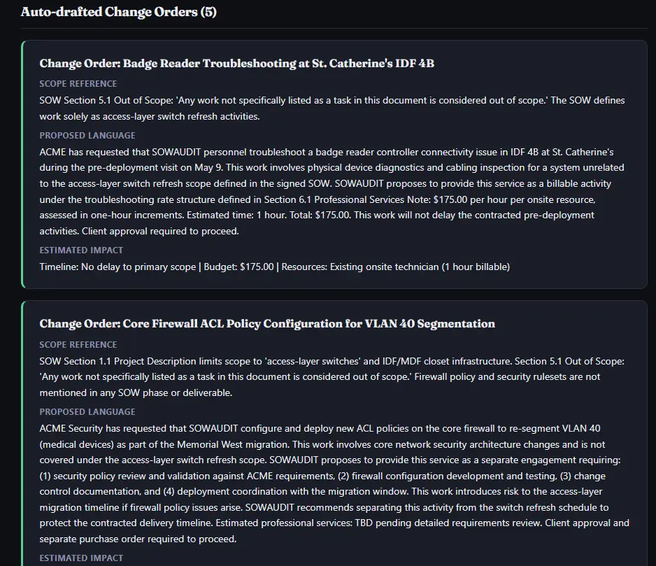 Margin Sentinel auto-drafted Change Order language &mdash; scope reference, proposed language, and estimated impact